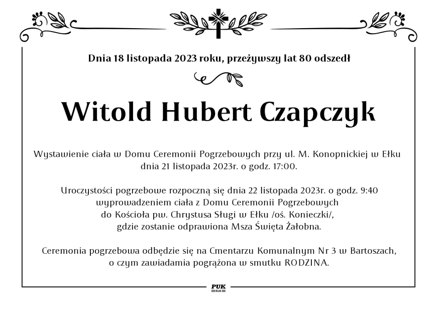 Witold Hubert Czapczyk - nekrolog